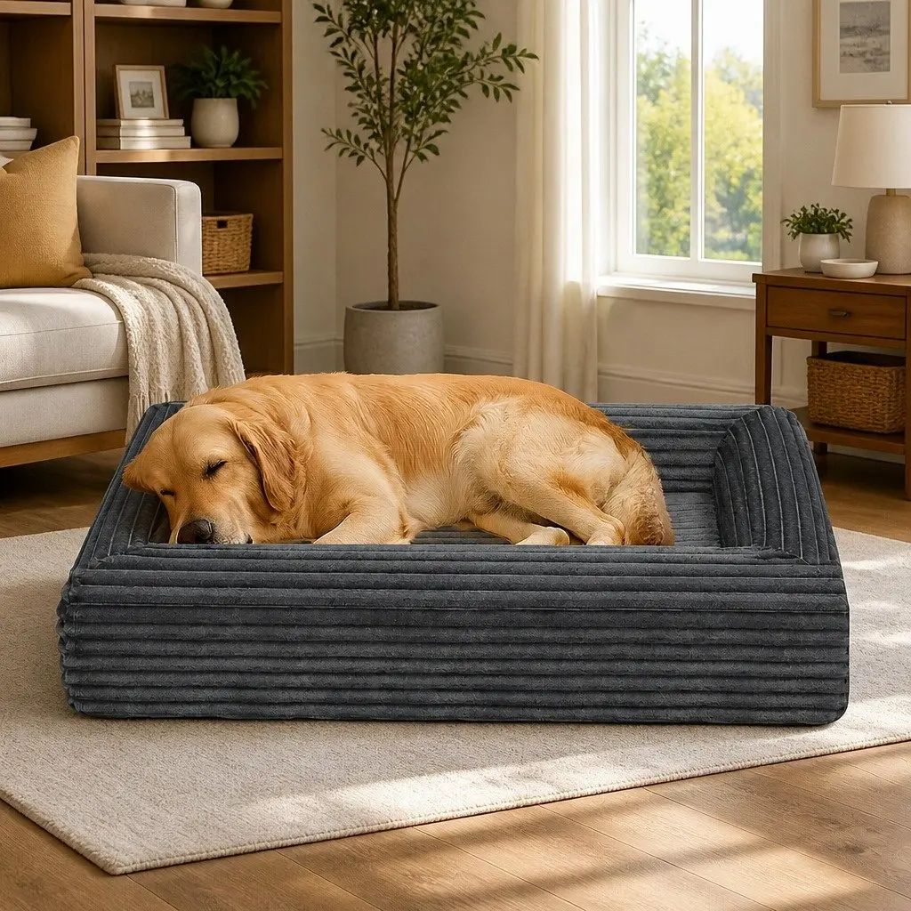 Orthopedic Dog Bed XL Grey Corduroy Removable Washable Cover Waterproof Pet