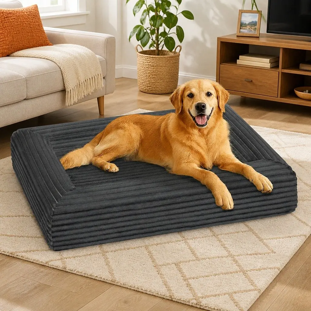 Orthopedic Dog Bed XL Grey Corduroy Removable Washable Cover Waterproof Pet