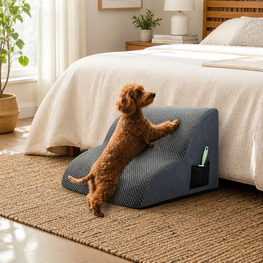 Pet Stairs 2 Steps High Density Foam Non Slip Portable Handle Grey