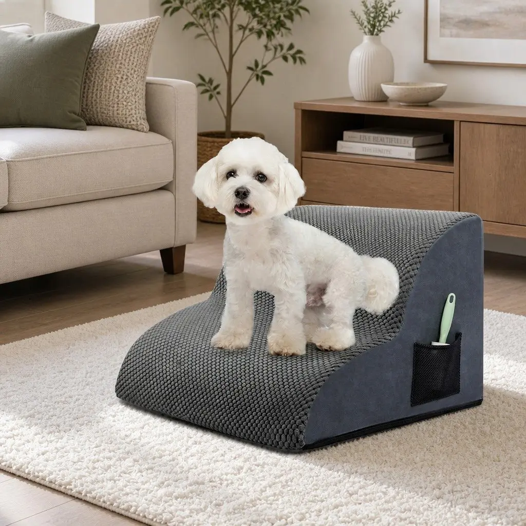Pet Stairs 2 Steps High Density Foam Non Slip Portable Handle Grey