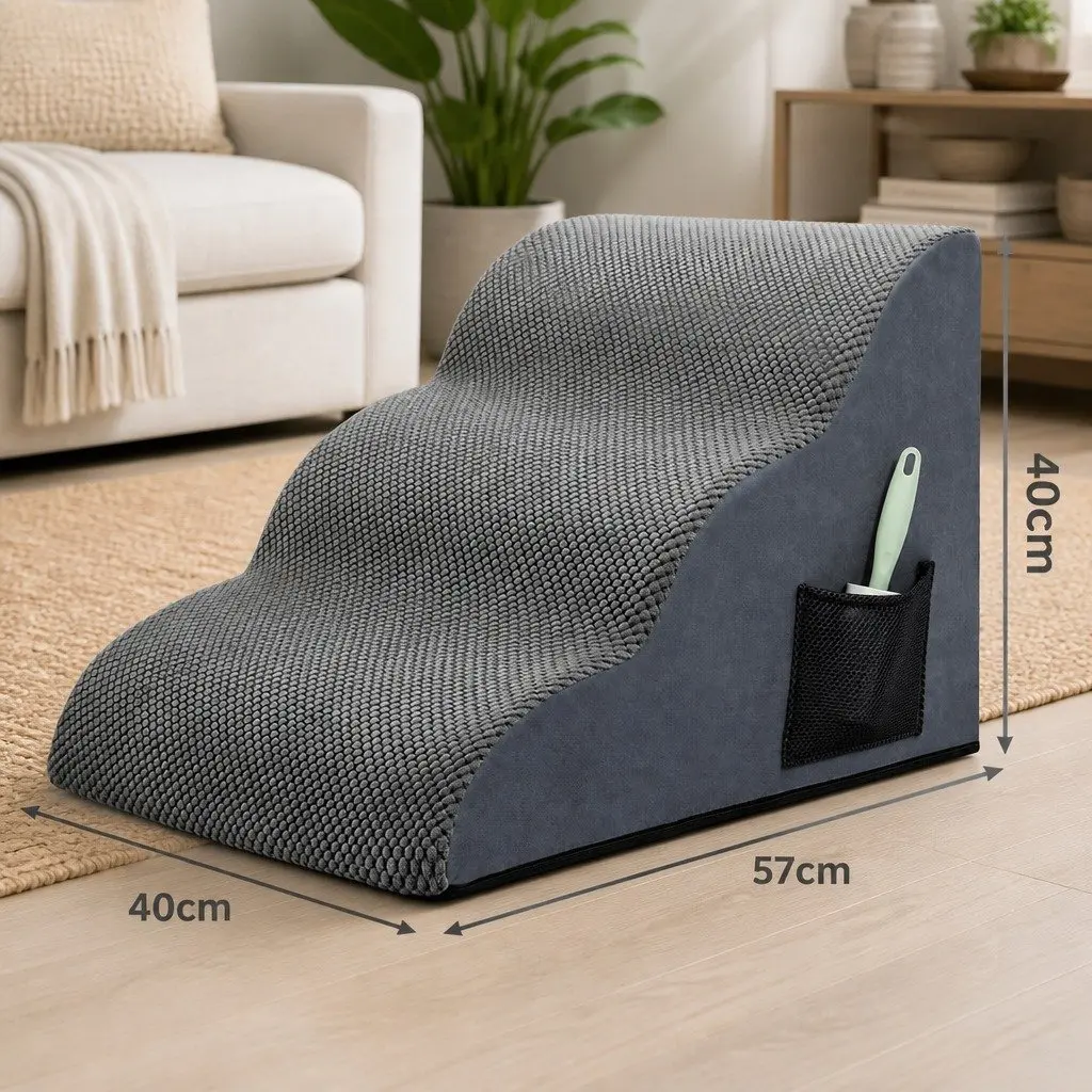 Pet Stairs 3 Steps Dog Ramp High Density Foam Non-Slip Portable Handle Grey