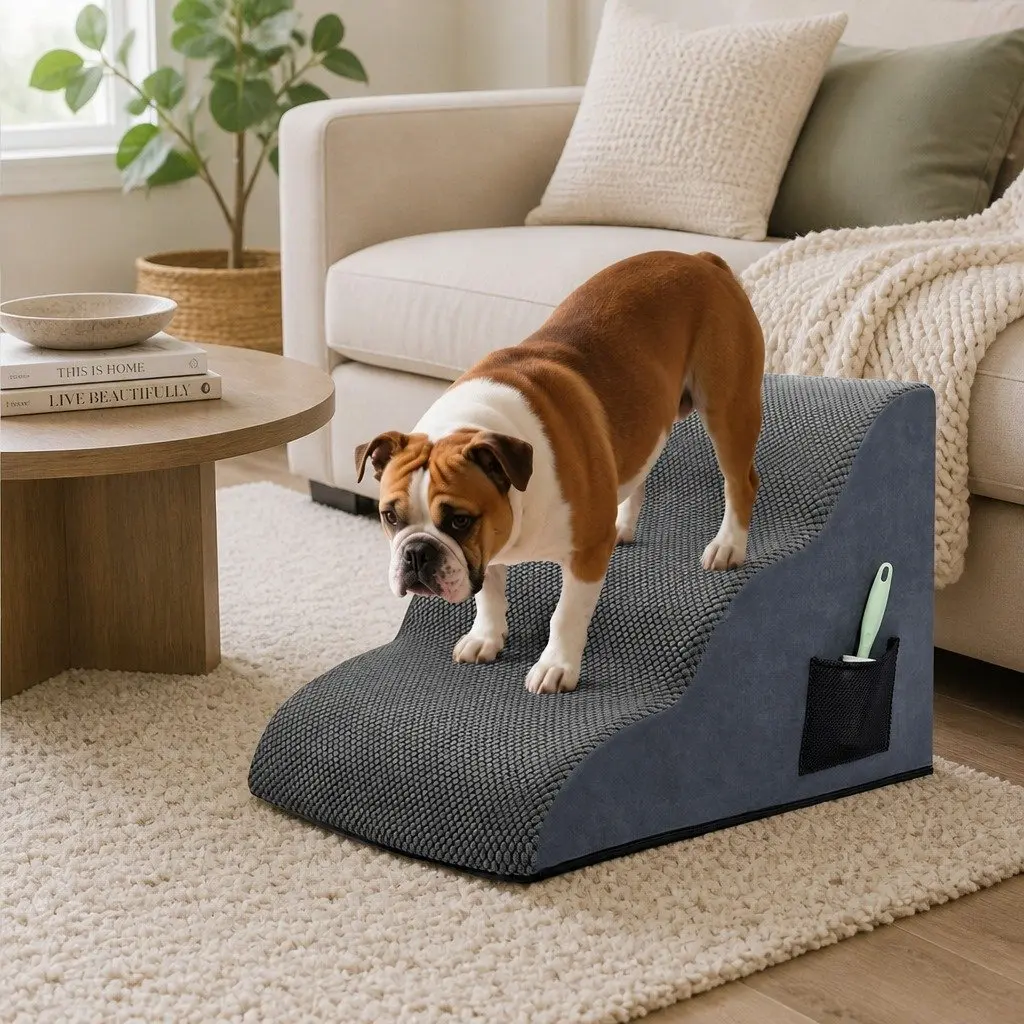 Pet Stairs 3 Steps Dog Ramp High Density Foam Non-Slip Portable Handle Grey