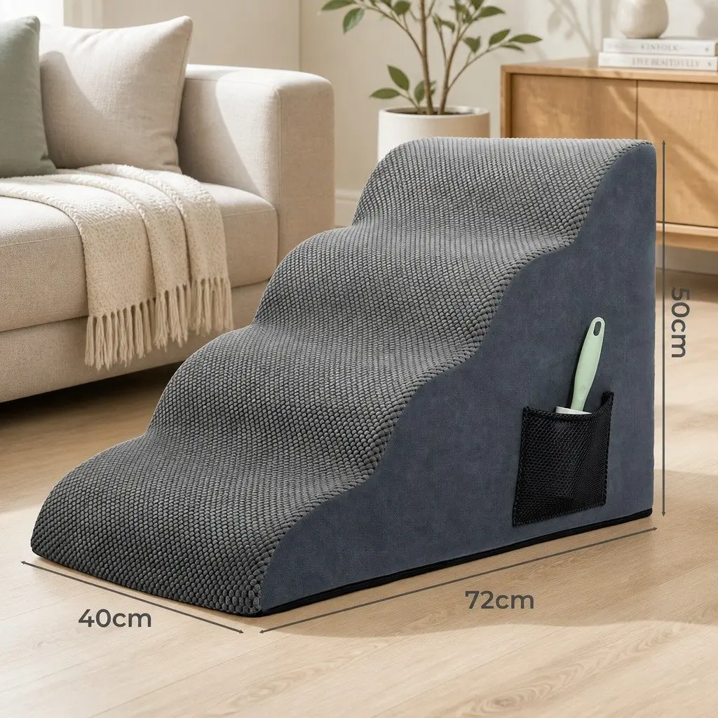 Pet Stairs 4 Steps High Density Foam Non-Slip Portable Handle Grey