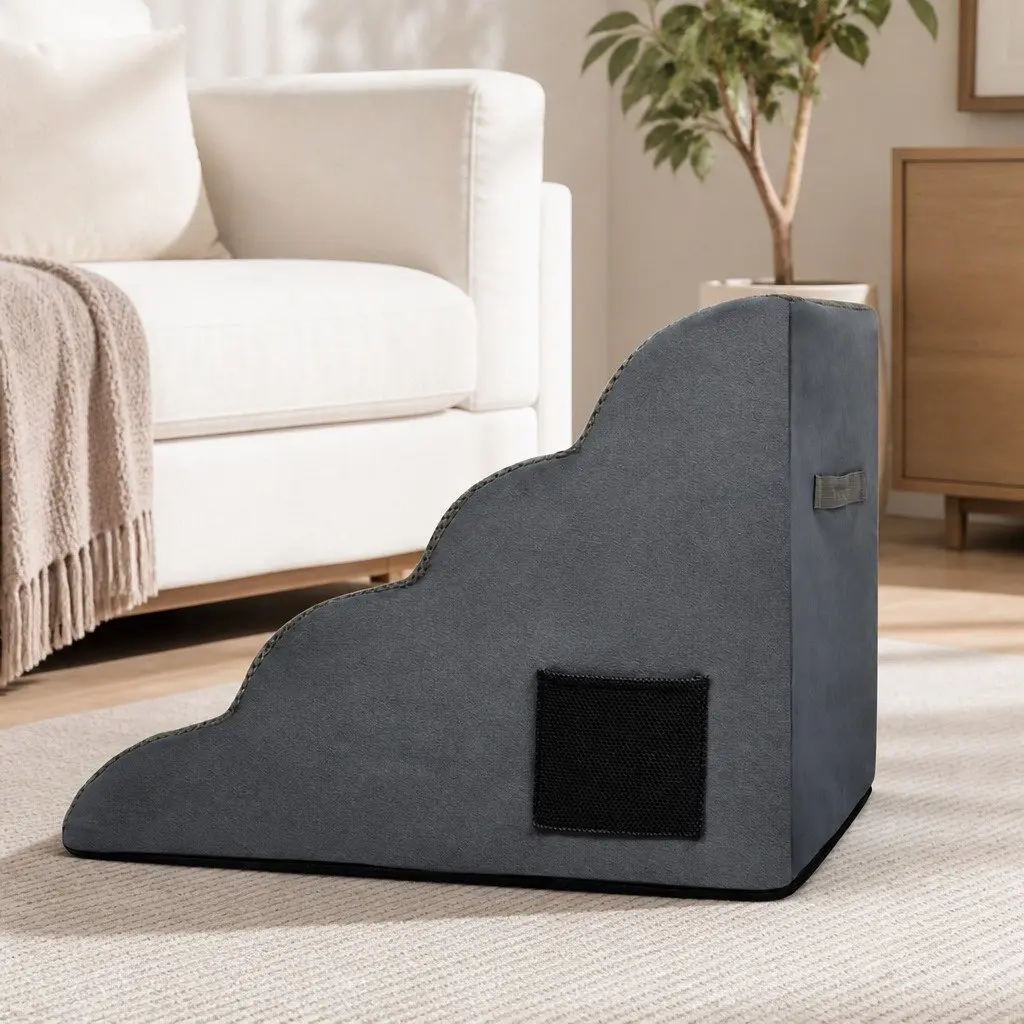 Pet Stairs 4 Steps High Density Foam Non-Slip Portable Handle Grey