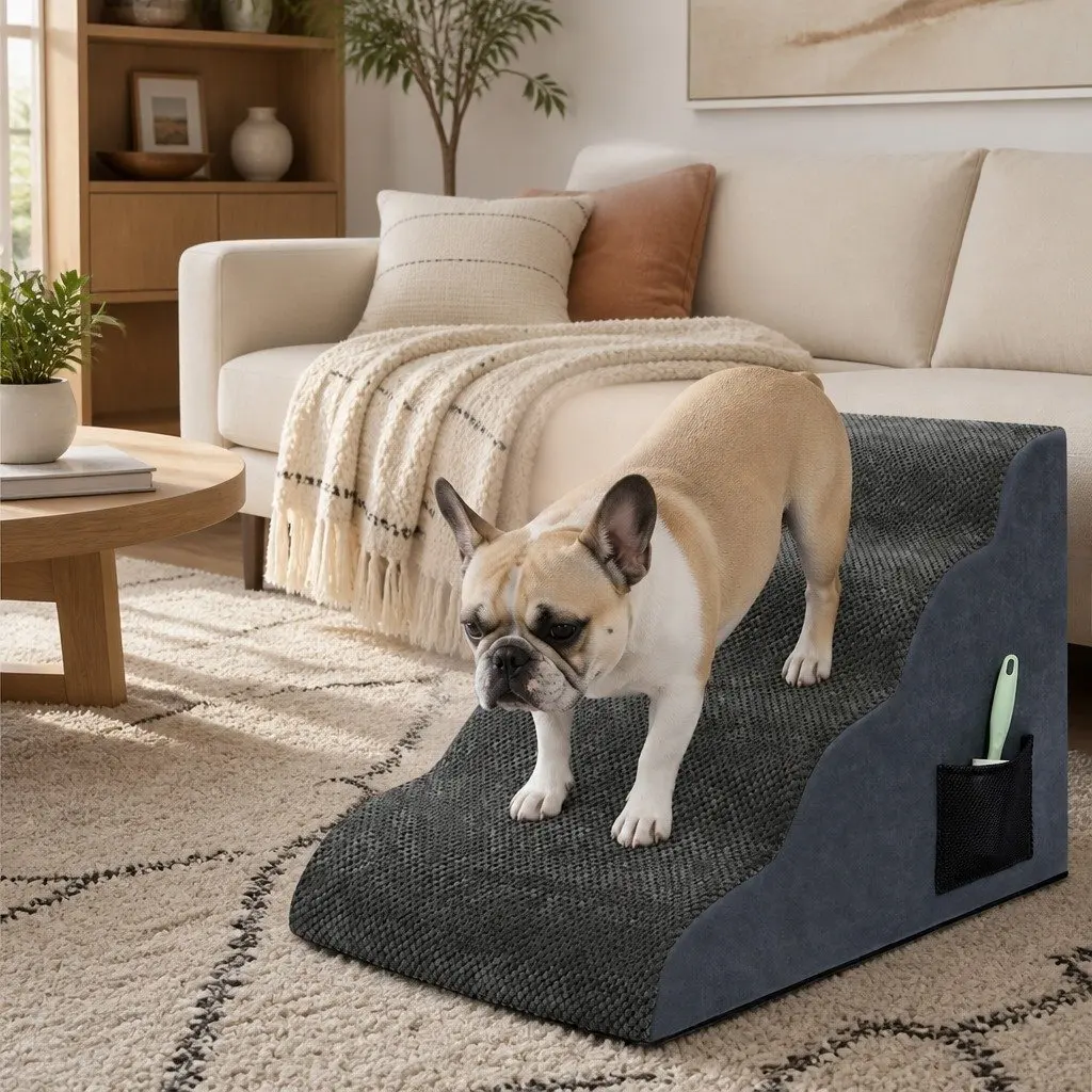 Pet Stairs 4 Steps High Density Foam Non-Slip Portable Handle Grey