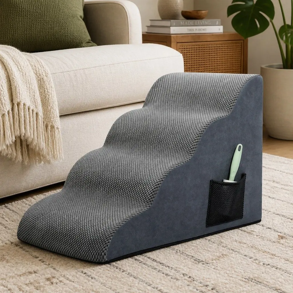 Pet Stairs 4 Steps High Density Foam Non-Slip Portable Handle Grey