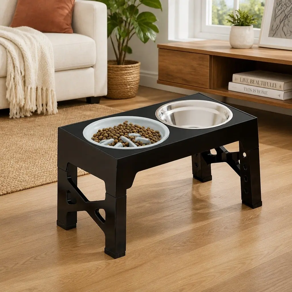 Elevated Dog Bowls Adjustable Heights Stainless Steel Slow Feeder 1.1L Capacity