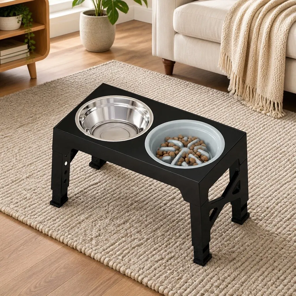 Elevated Dog Bowls Adjustable Heights Stainless Steel Slow Feeder 1.1L Capacity