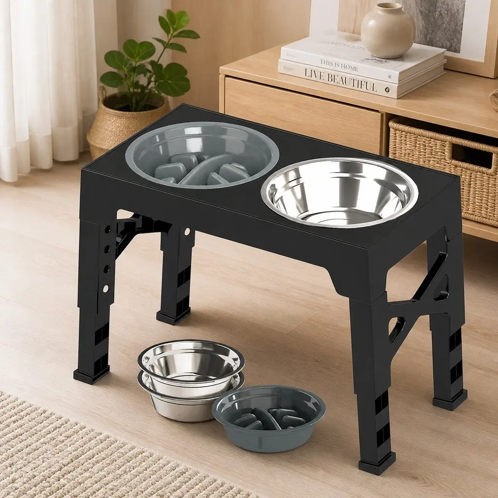 Elevated Dog Bowls Adjustable Heights Stainless Steel Slow Feeder 1.1L Capacity