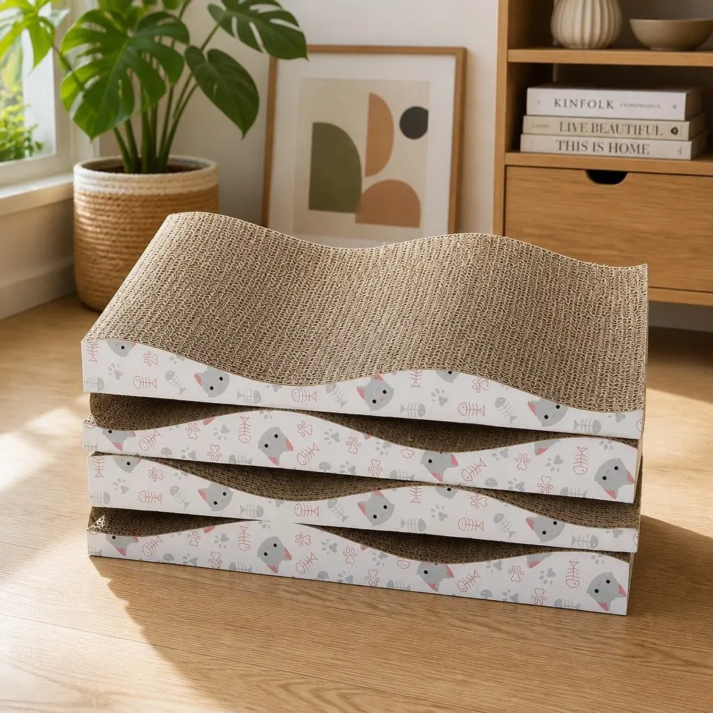 Reversible Curved Cat Scratching Board Bed 4-Pack Cardboard Pet Furniture