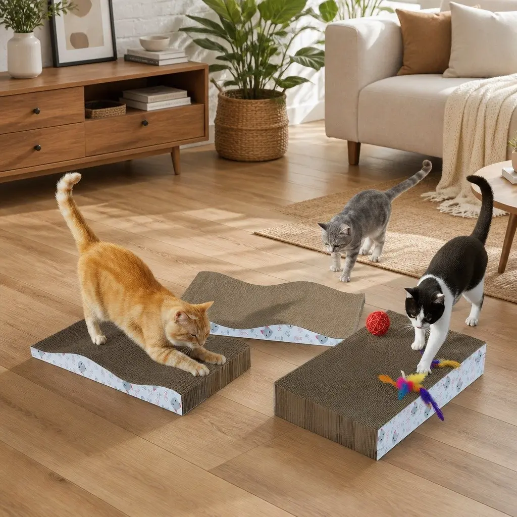 Reversible Curved Cat Scratching Board Bed 4-Pack Cardboard Pet Furniture