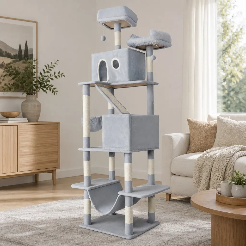 Cat Tree Multi-Level Climbing Tower 206cm with Scratching Posts Perches Condos Hammock