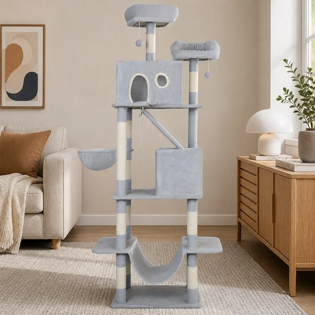 Cat Tree Multi-Level Climbing Tower 206cm with Scratching Posts Perches Condos Hammock