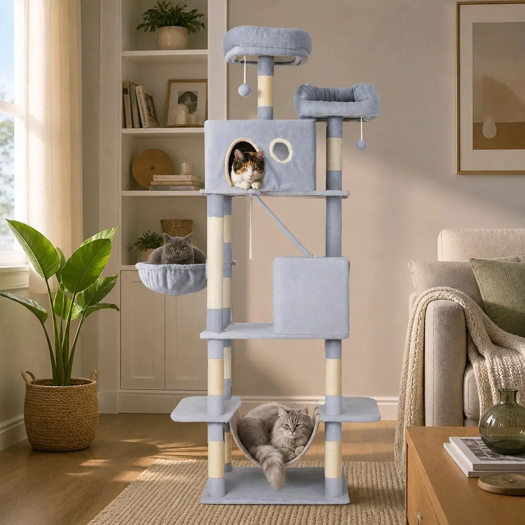 Cat Tree Multi-Level Climbing Tower 206cm with Scratching Posts Perches Condos Hammock