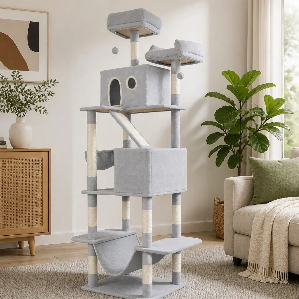 Cat Tree Multi-Level Climbing Tower 206cm with Scratching Posts Perches Condos Hammock