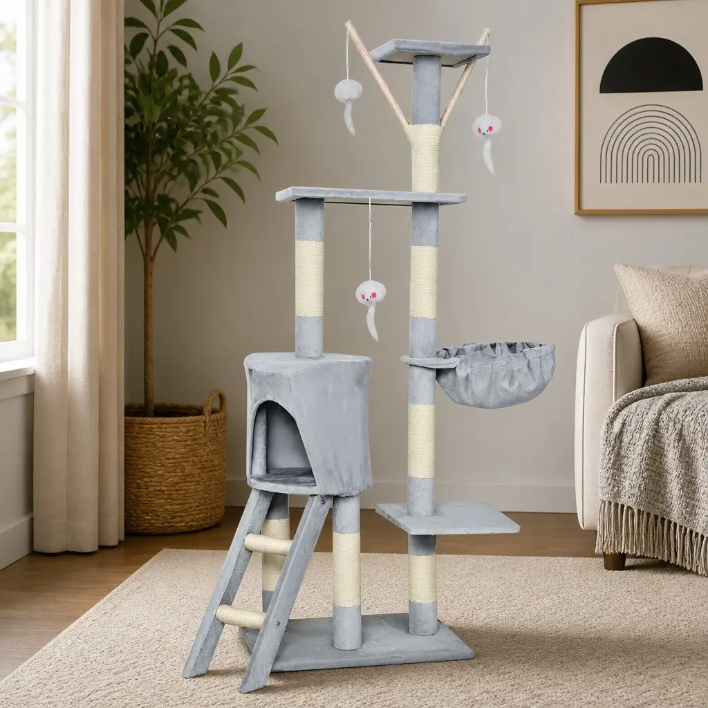 Cat Tree Multi-Level Climbing Tower 143cm with Two Condos Dual Top Platforms and Hanging Basket
