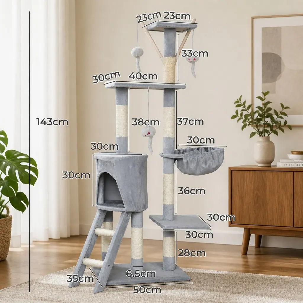 Cat Tree Multi-Level Climbing Tower 143cm with Two Condos Dual Top Platforms and Hanging Basket