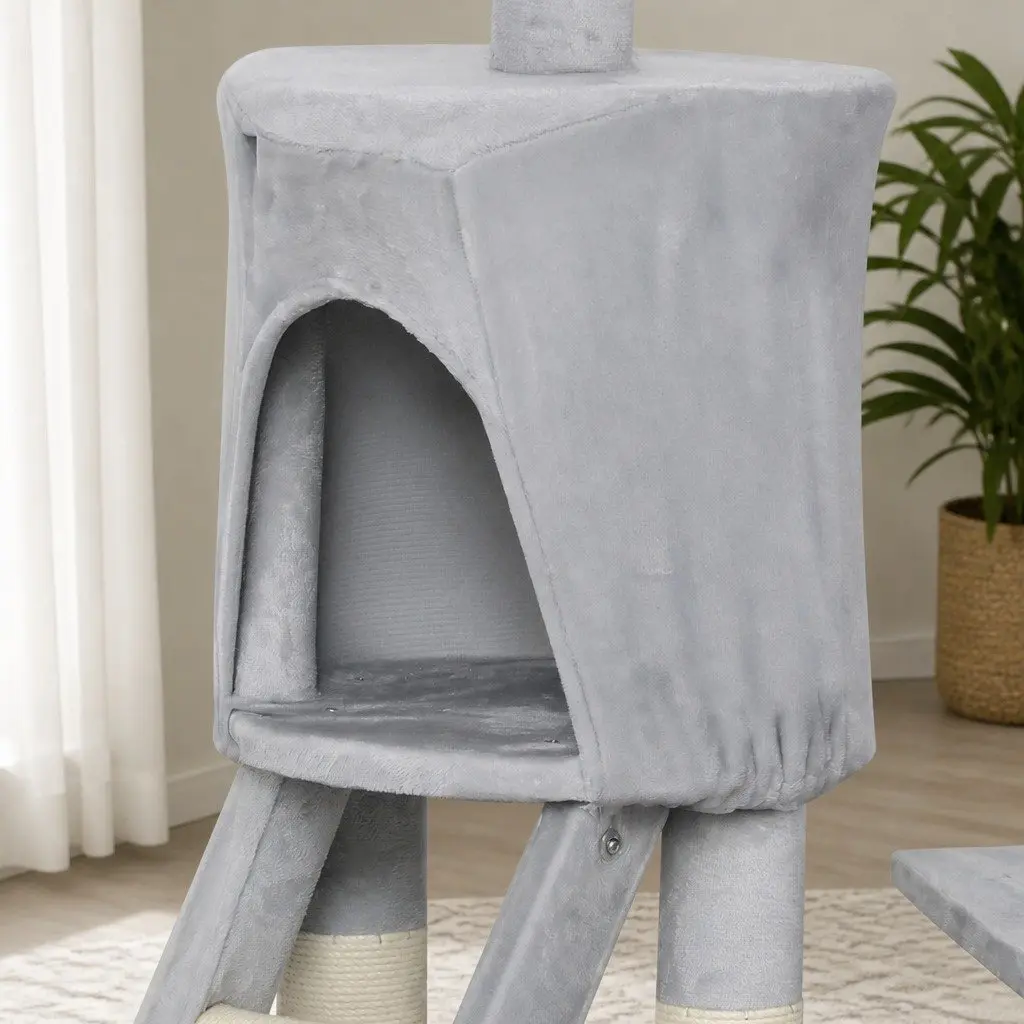 Cat Tree Multi-Level Climbing Tower 143cm with Two Condos Dual Top Platforms and Hanging Basket