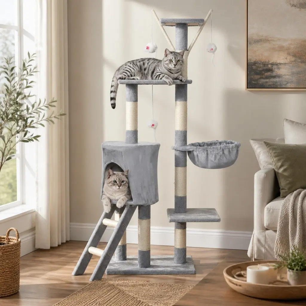 Cat Tree Multi-Level Climbing Tower 143cm with Two Condos Dual Top Platforms and Hanging Basket