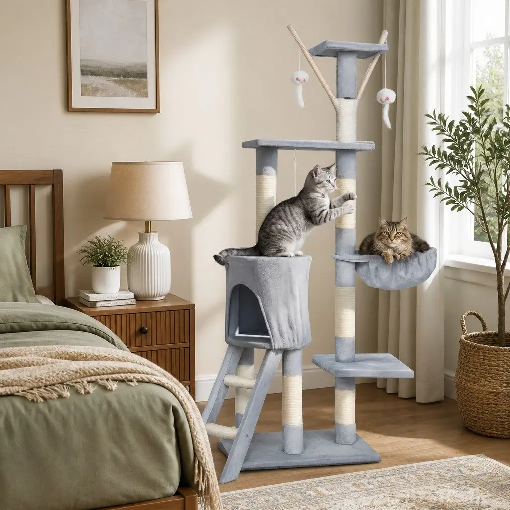 Cat Tree Multi-Level Climbing Tower 143cm with Two Condos Dual Top Platforms and Hanging Basket
