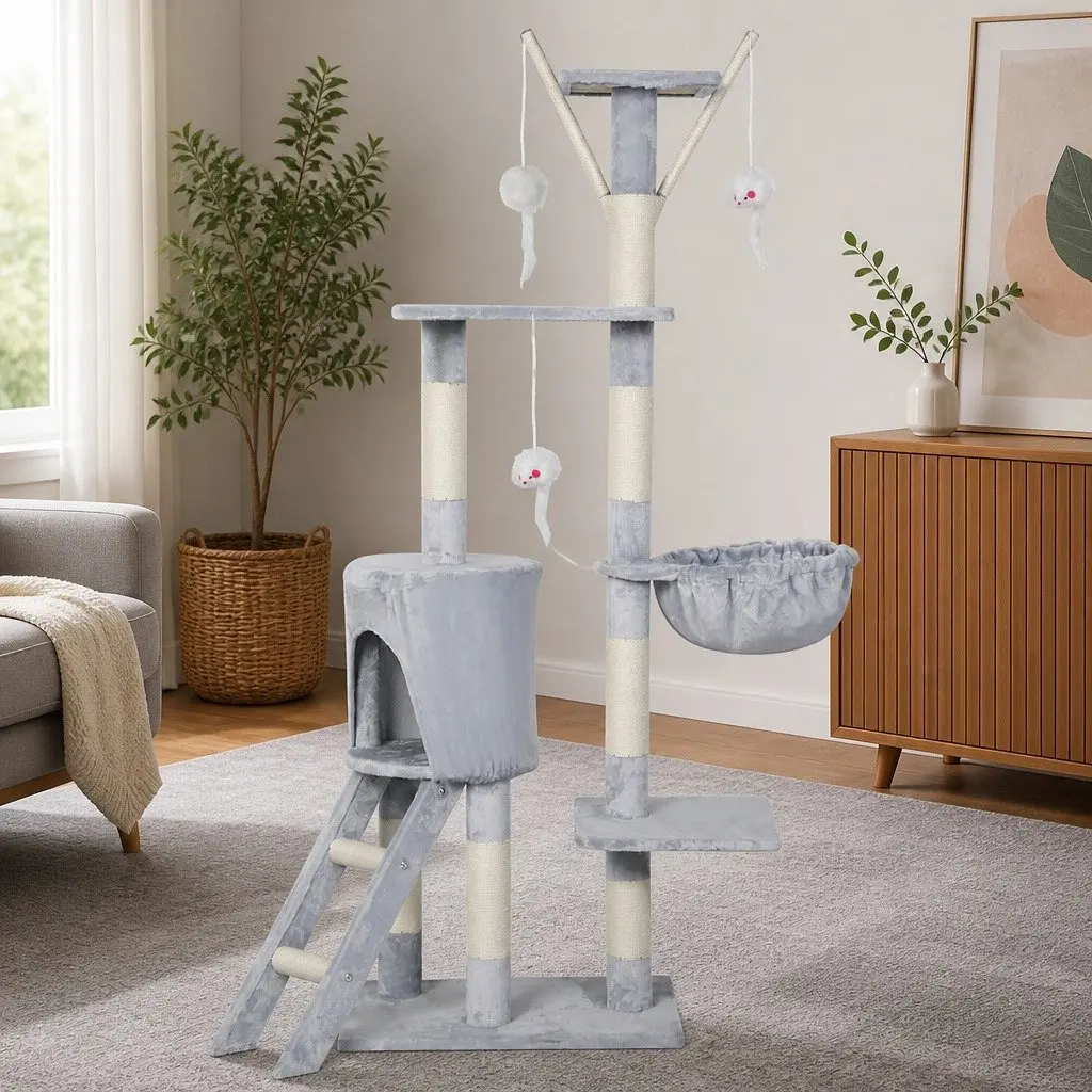 Cat Tree Multi-Level Climbing Tower 143cm with Two Condos Dual Top Platforms and Hanging Basket
