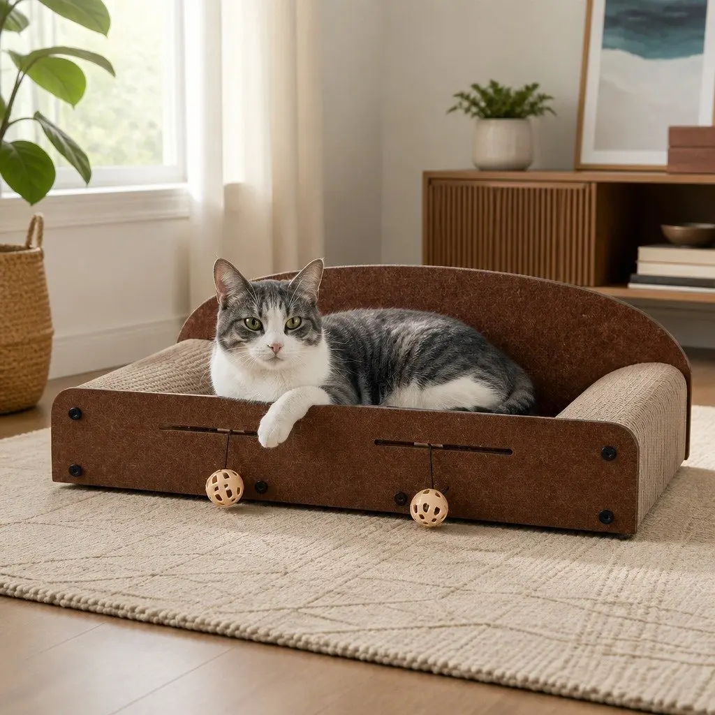 Cat Scratching Board Corrugated Cardboard Lounge with Interactive Ball Toys