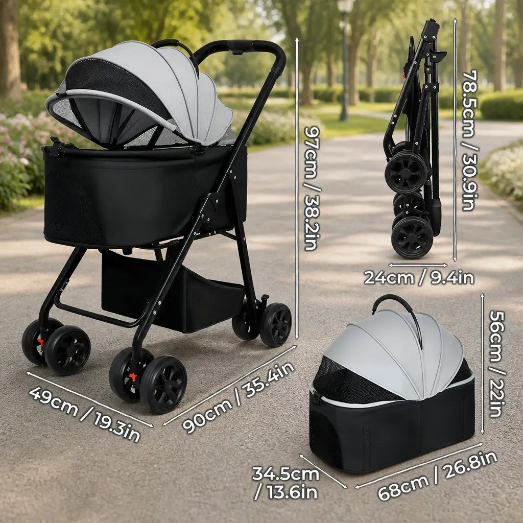 Pet Stroller 3 in 1 Convertible Foldable Travel Carrier for Dogs Cats Black