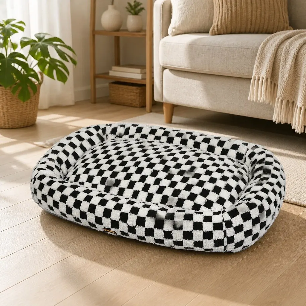 Dog Bed Calming Pet Plush Washable Checkered Soft Removable Cover Bolster