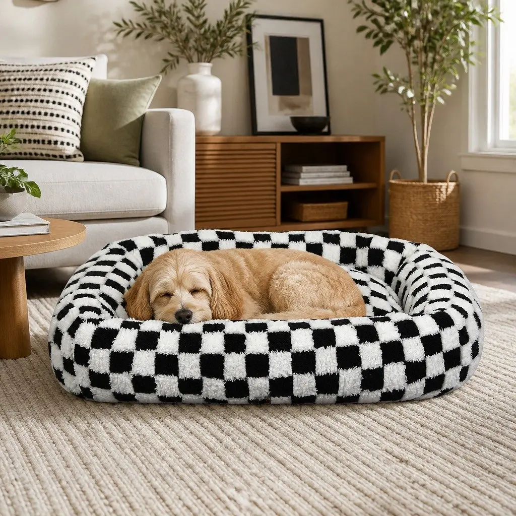 Dog Bed Calming Plush Soft Checkered Washable Removable Cover Raised Bolsters 60cm x 50cm x 11cm