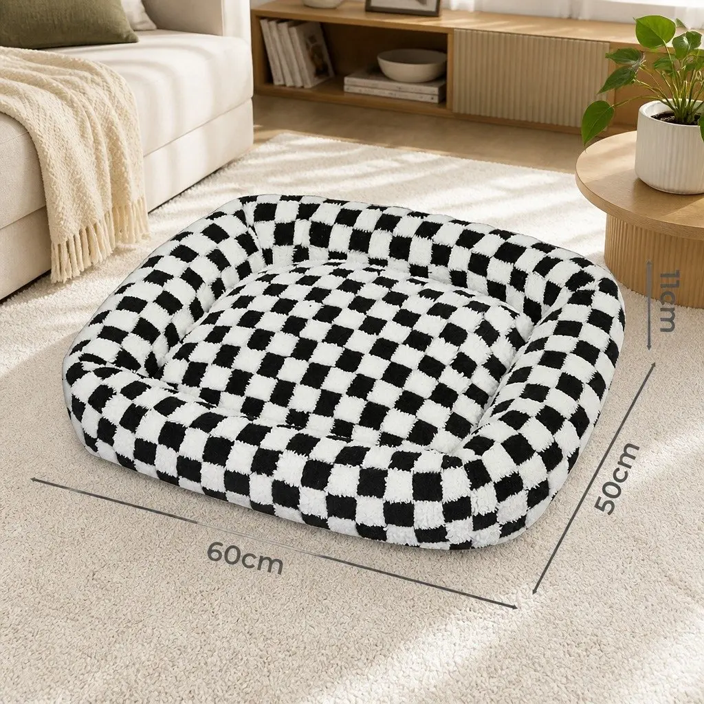 Dog Bed Calming Plush Soft Checkered Washable Removable Cover Raised Bolsters 60cm x 50cm x 11cm
