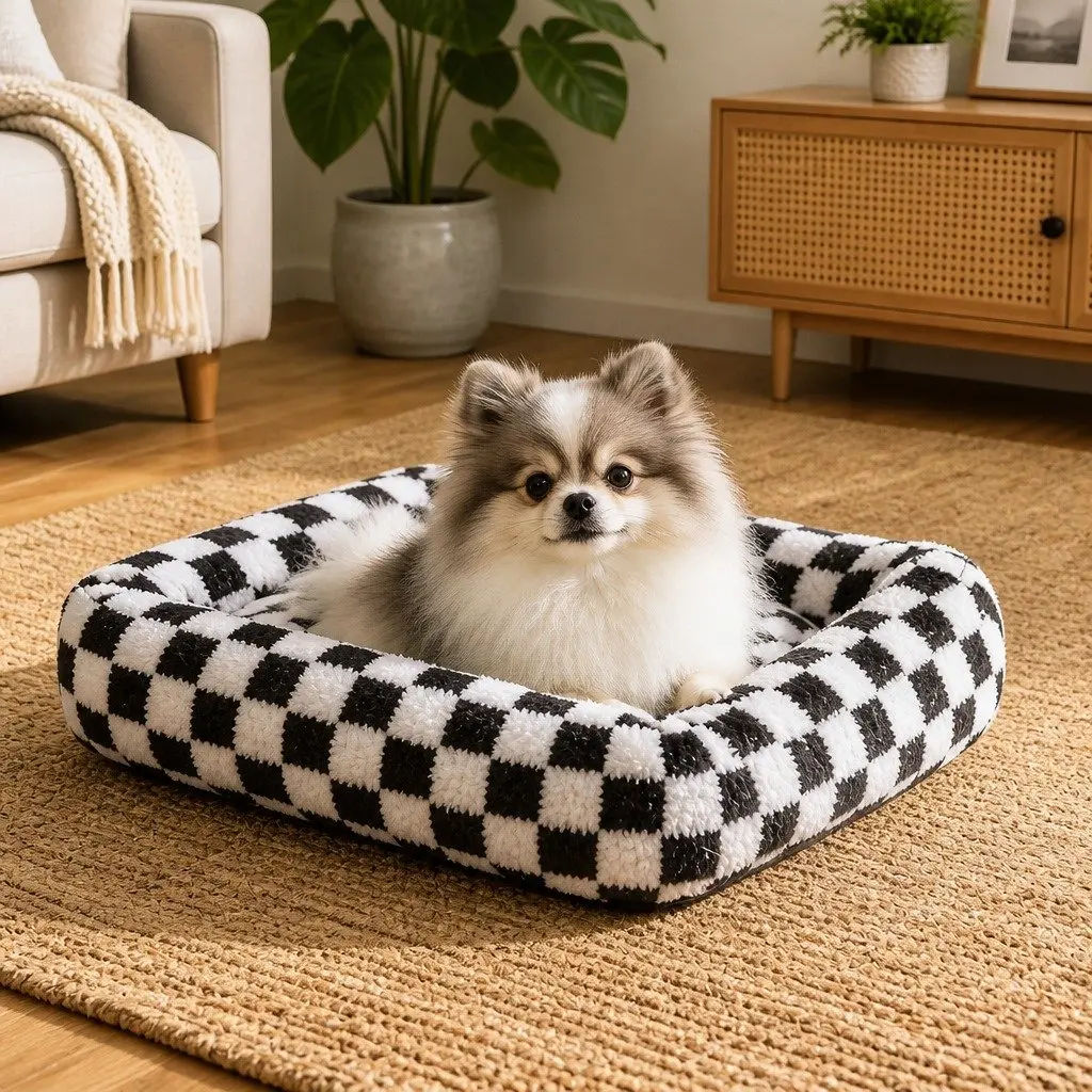 Dog Bed Calming Plush Soft Checkered Washable Removable Cover Raised Bolsters 60cm x 50cm x 11cm