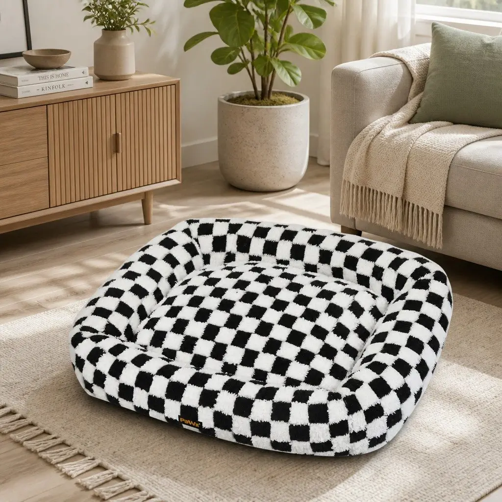 Dog Bed Calming Plush Soft Checkered Washable Removable Cover Raised Bolsters 60cm x 50cm x 11cm