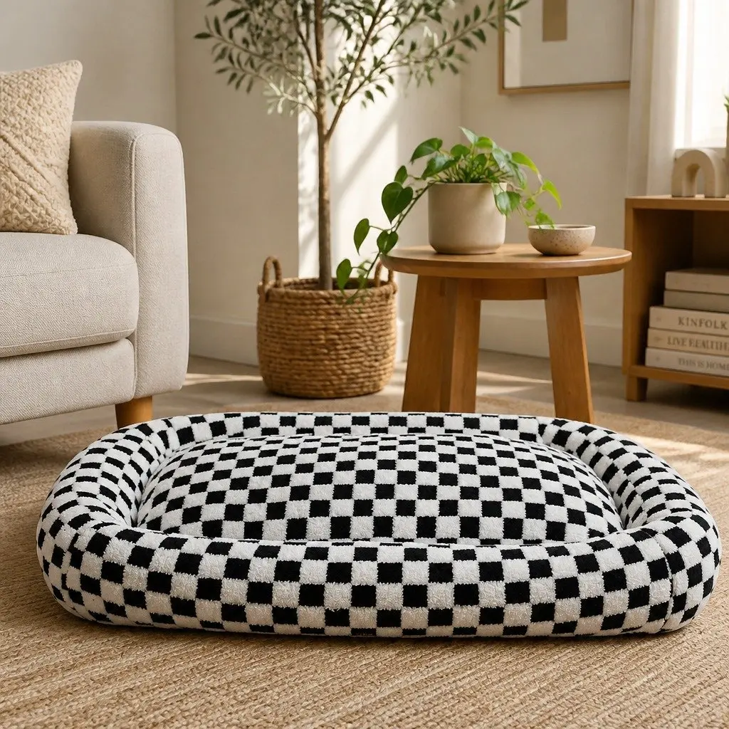Dog Bed Calming Plush Soft Checkered 120cm x 90cm Removable Cover Raised Bolsters