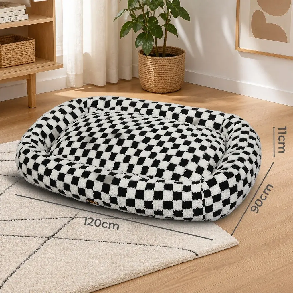 Dog Bed Calming Plush Soft Checkered 120cm x 90cm Removable Cover Raised Bolsters