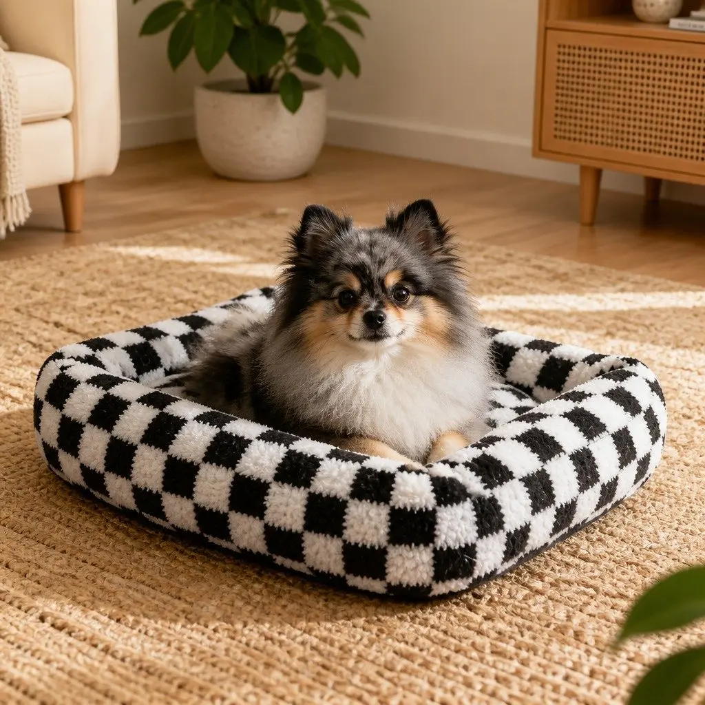 Dog Bed Calming Plush Soft Checkered 120cm x 90cm Removable Cover Raised Bolsters