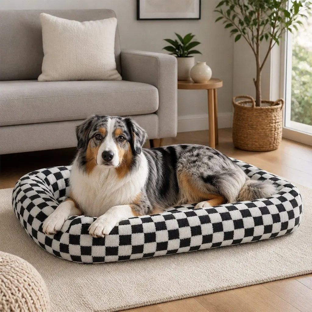 Dog Bed Calming Plush Soft Checkered 120cm x 90cm Removable Cover Raised Bolsters