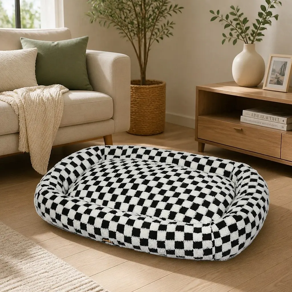 Dog Bed Calming Plush Soft Checkered 120cm x 90cm Removable Cover Raised Bolsters