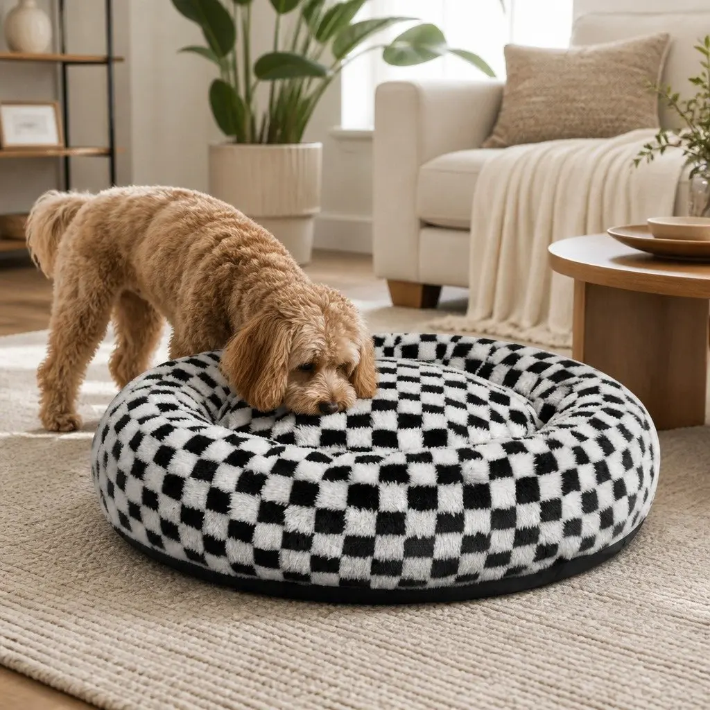 Circular Plush Dog Bed Calming Checkered Removable Washable 70cm