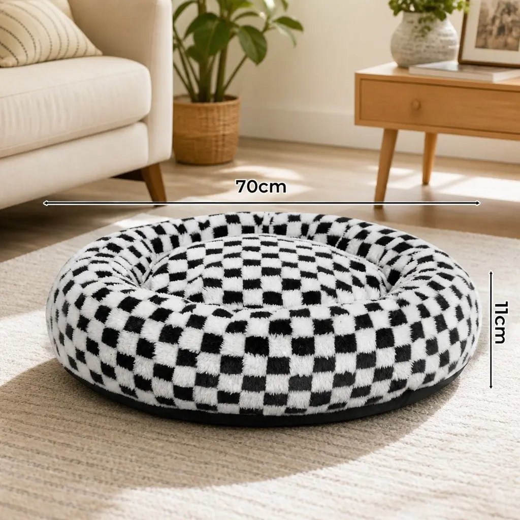 Circular Plush Dog Bed Calming Checkered Removable Washable 70cm