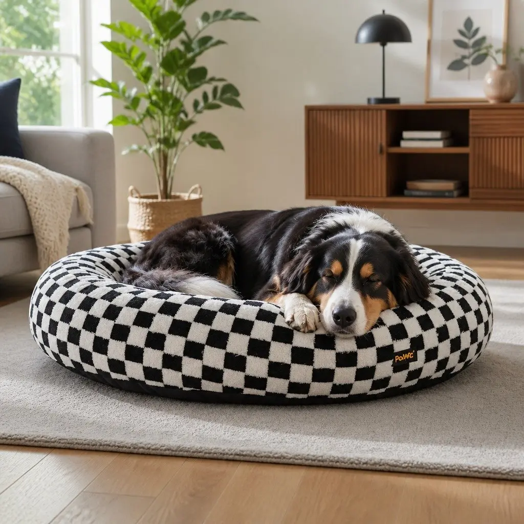 Circular Plush Dog Bed Calming Checkered Removable Washable 70cm