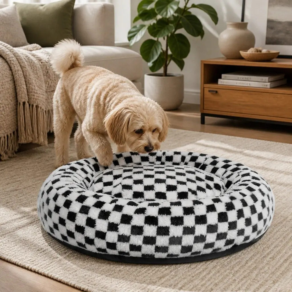 Circular Plush Dog Bed Calming Checkered Removable Washable 70cm