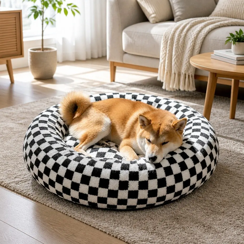 Circular Plush Dog Cosy Bed Calming Pet Checkered Removable Washable Cover