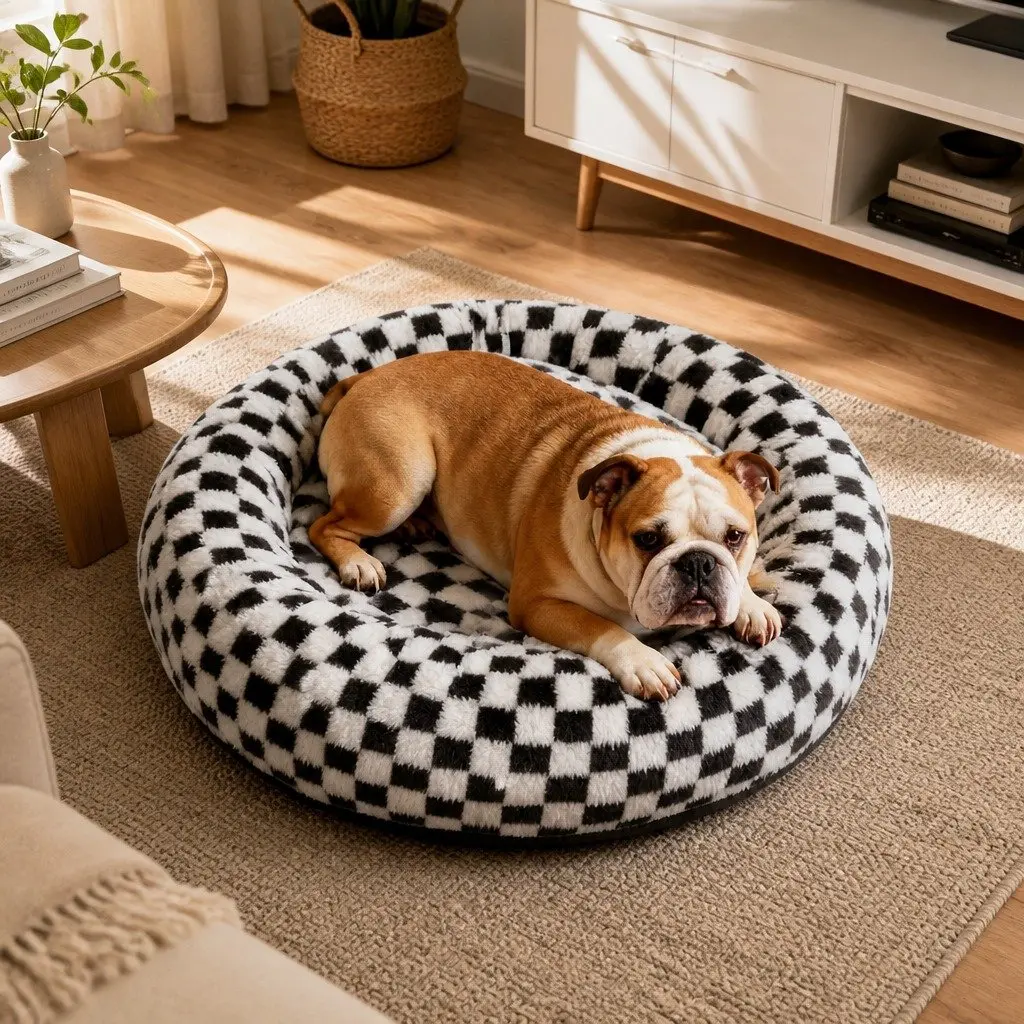 Circular Plush Dog Cosy Bed Calming Pet Checkered Removable Washable Cover