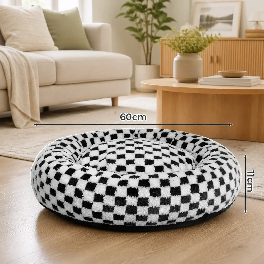 Circular Plush Dog Cosy Bed Calming Pet Bed Checkered Design Removable Cover