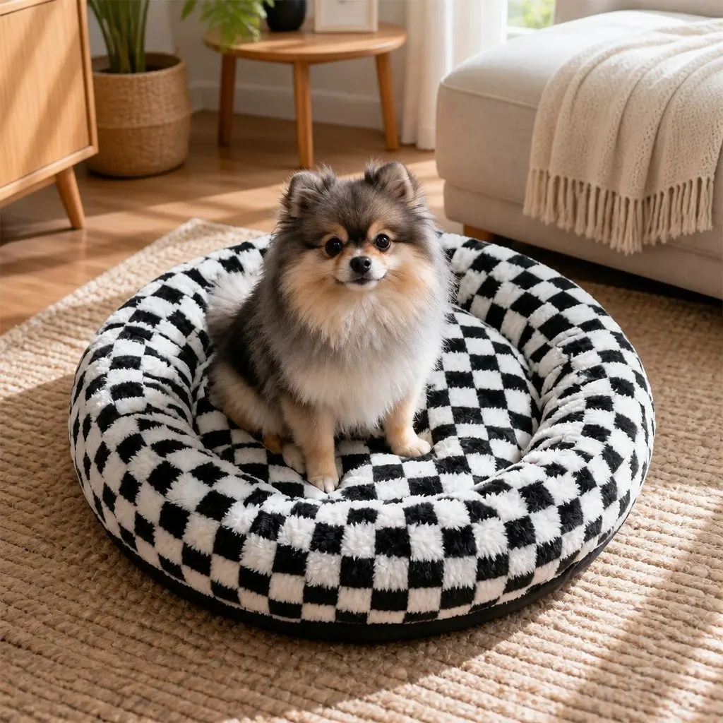 Circular Plush Dog Cosy Bed Calming Pet Bed Checkered Design Removable Cover