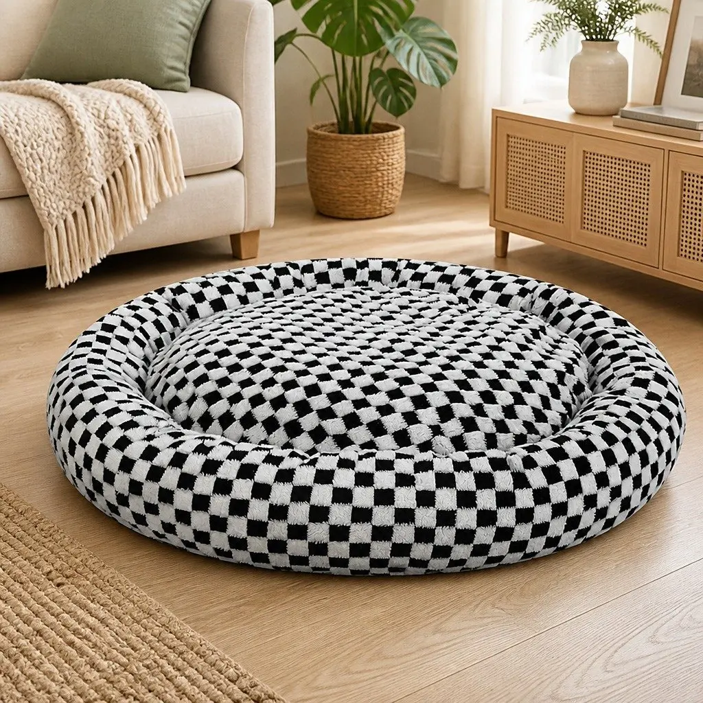Circular Plush Dog Bed Checkered Removable Washable Cover 80cm