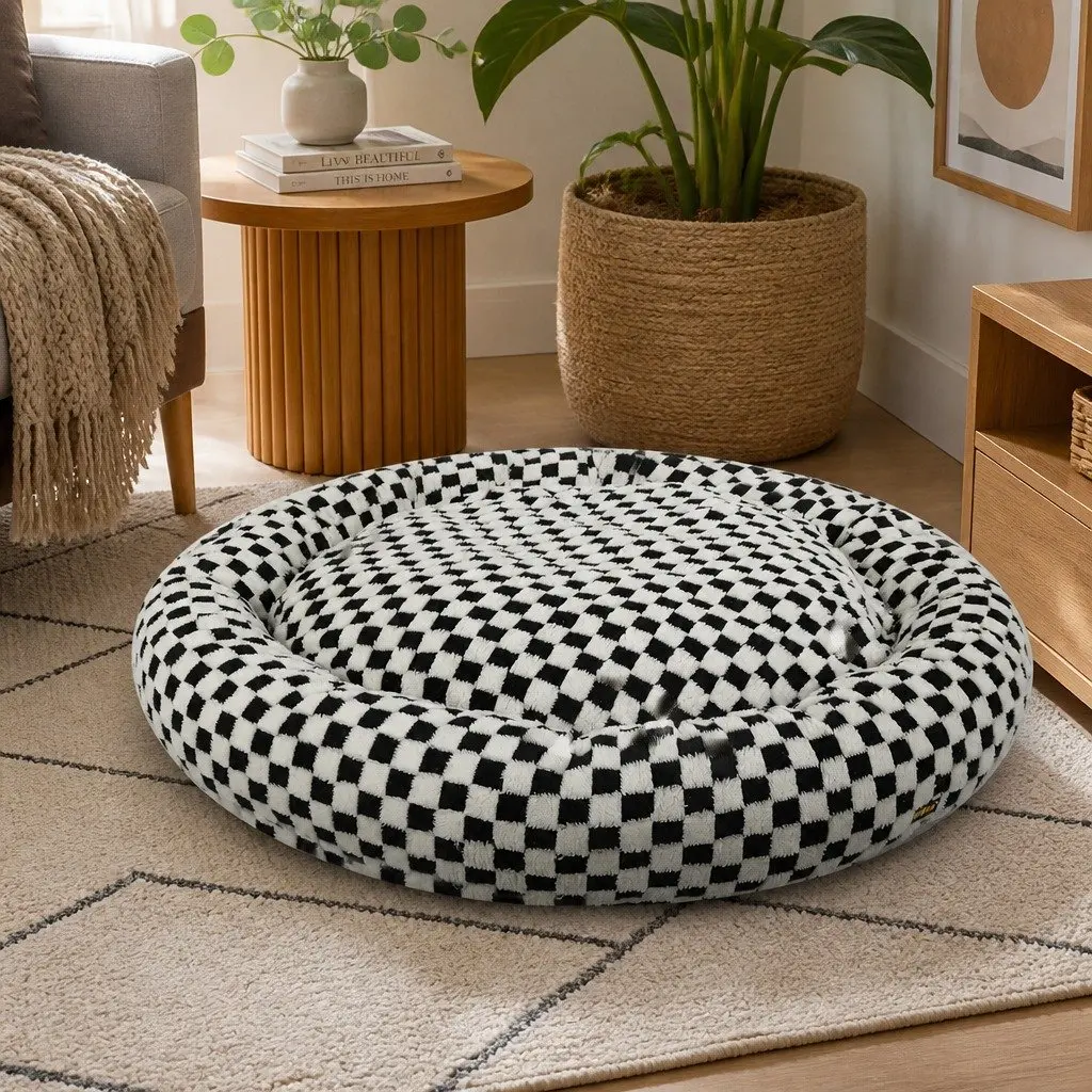 Circular Plush Dog Bed Checkered Removable Washable Cover 80cm