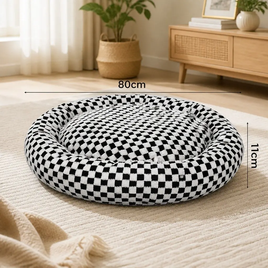 Circular Plush Dog Bed Checkered Removable Washable Cover 80cm