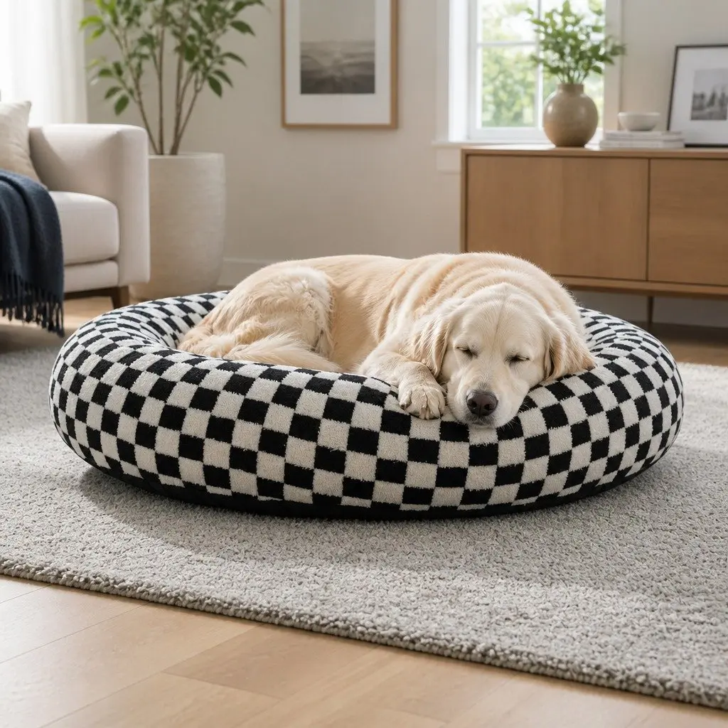Circular Plush Dog Bed Checkered Removable Washable Cover 80cm