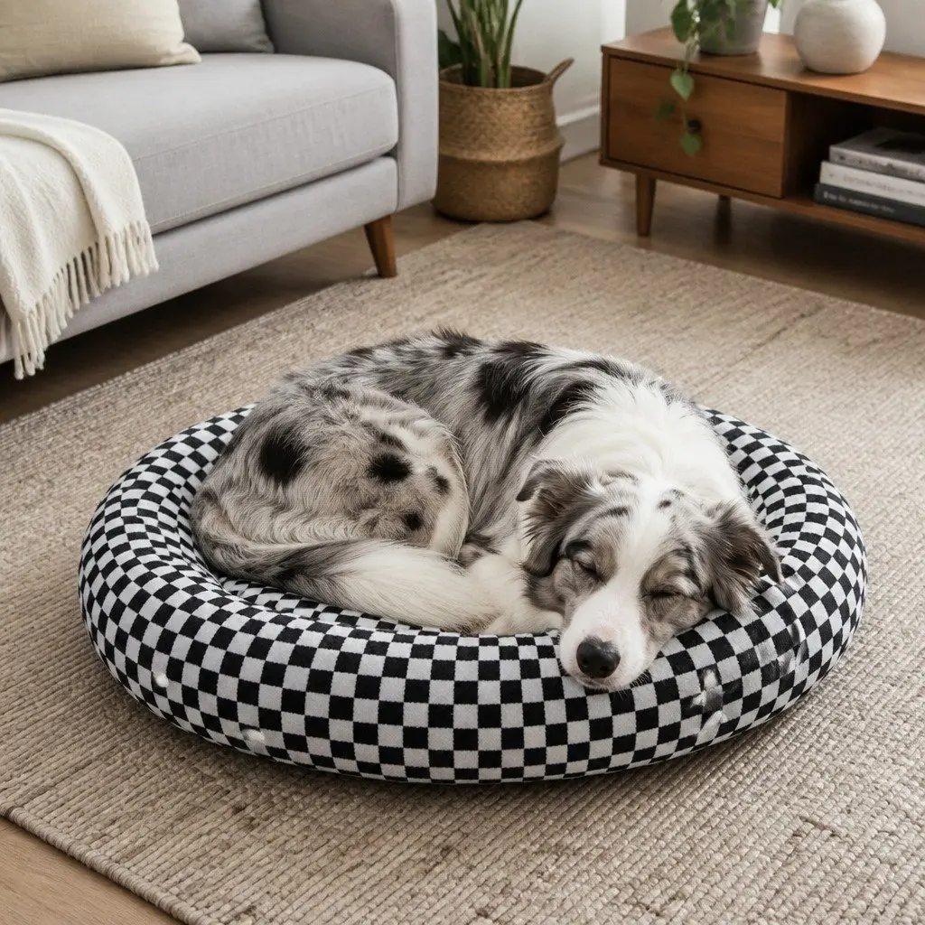Circular Plush Dog Bed Checkered Removable Washable Cover 80cm